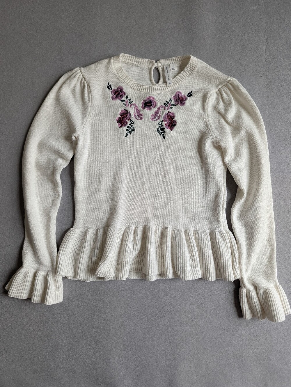 Janie and Jack Girls Ivory Floral Embroidered Sweater Size 12 Peplum Ruffle Knit
